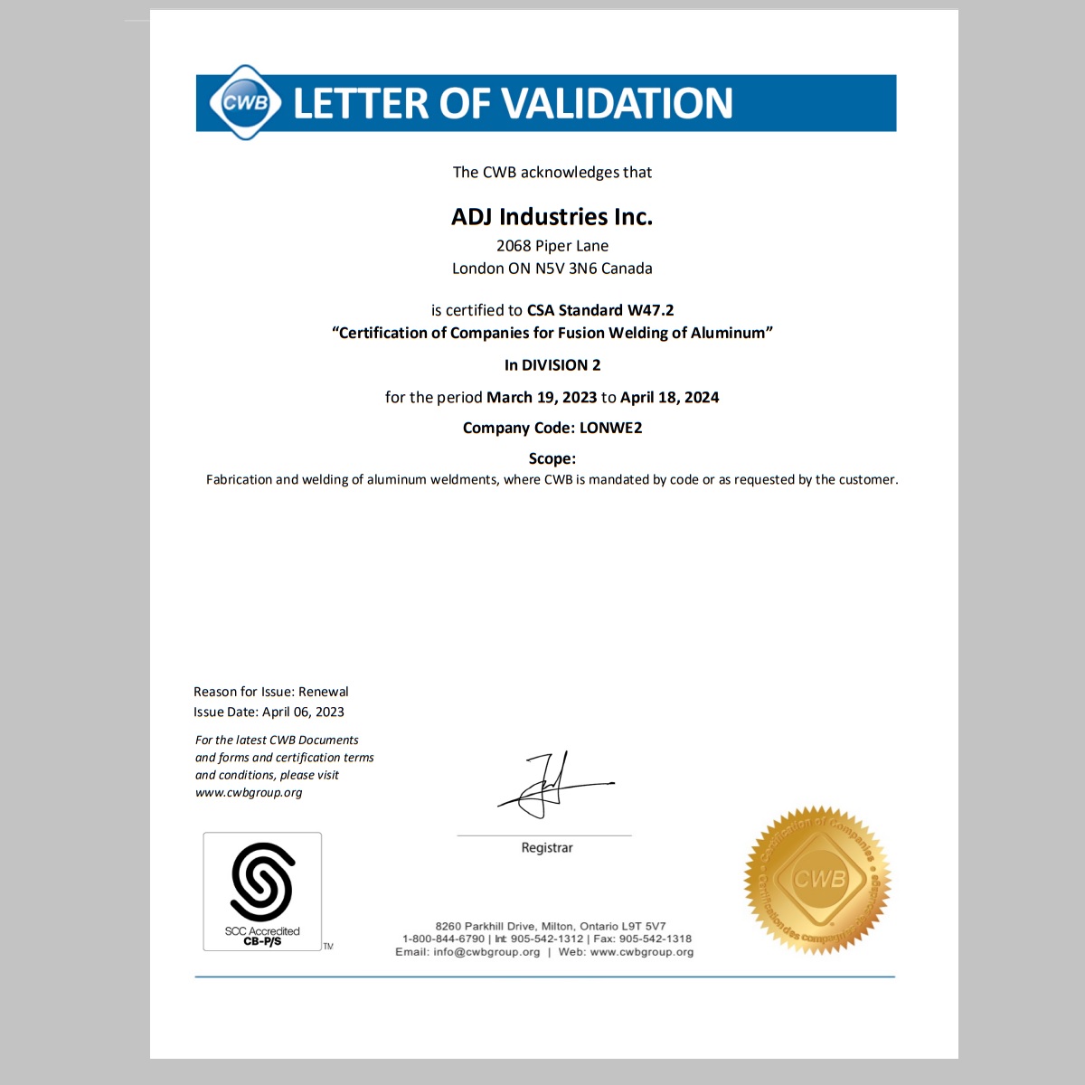  CSA Standard W47.2 Fusion Welding Aluminum CWB Certificate
