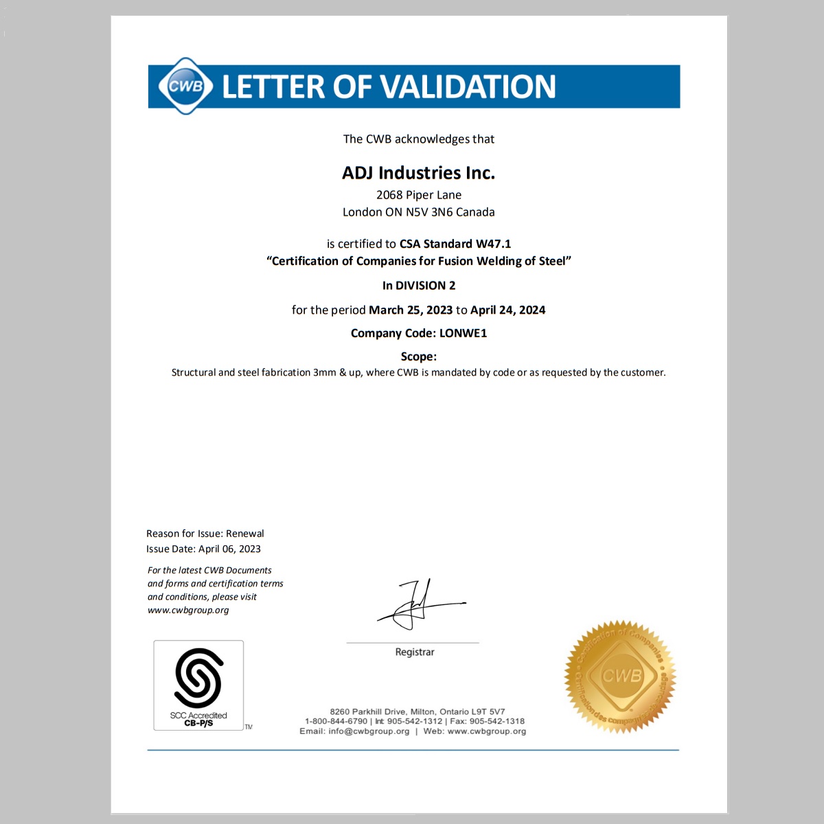 ADJ Industries Inc. CSA Standard W47.1 Fusion Welding Steel CWB Certificate
