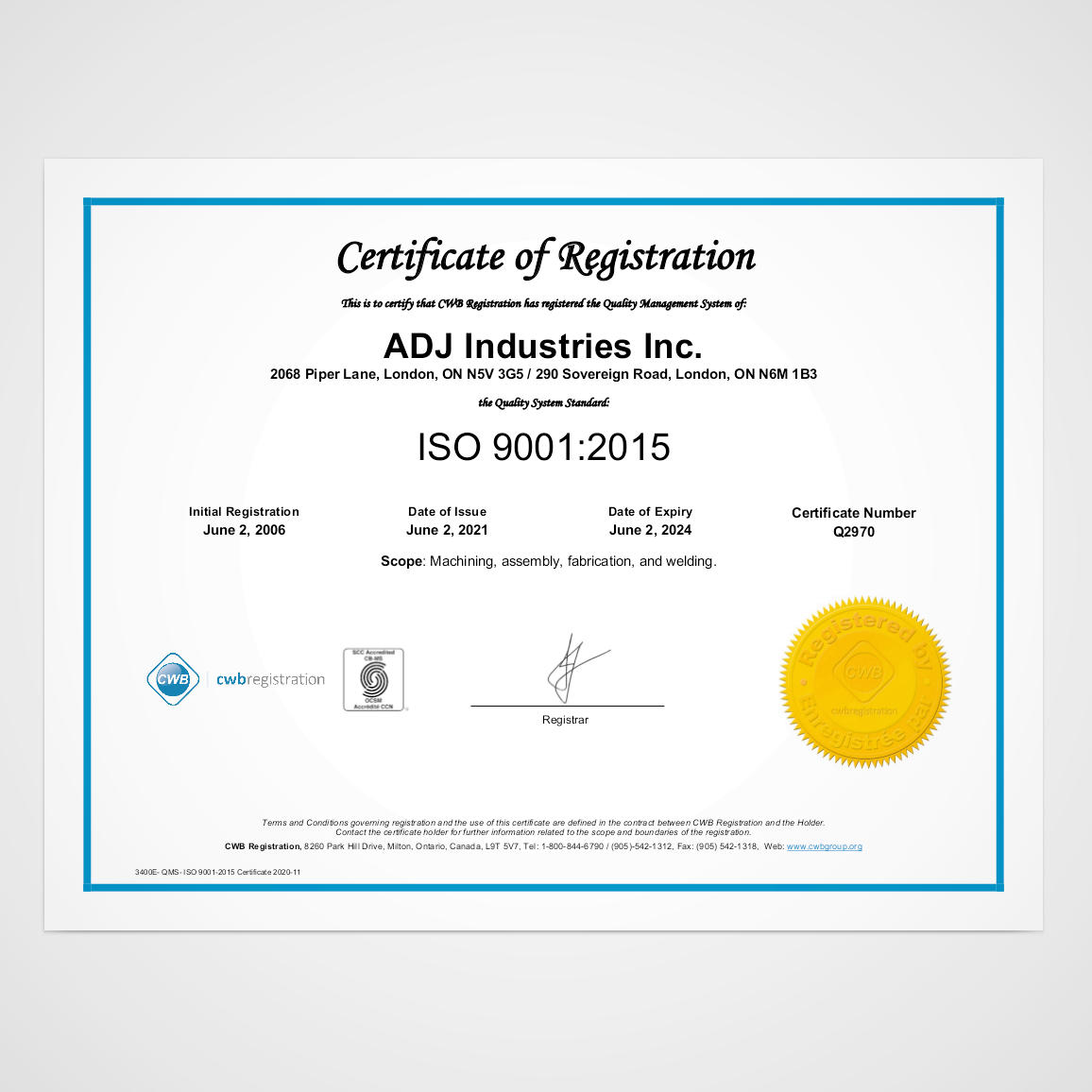 Certificate of Registration ISO 9001:2015 CWB