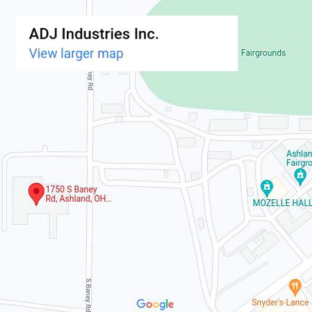 Image of Google Map of the the 1750 South Baney Road location of ADJ Industries Inc. in Ashland, Ohio.