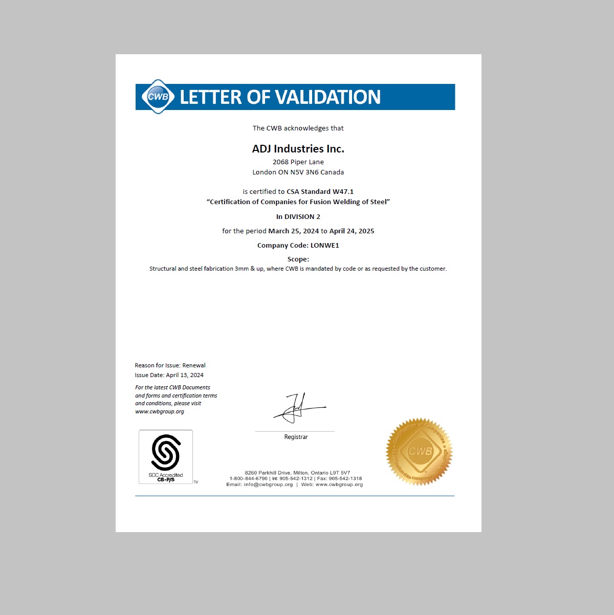 ADJ Industries Inc. CSA Standard W47.1 Fusion Welding Steel CWB Certificate