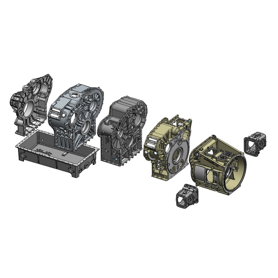 Isometric drawing of the QRT Transmission's housing exploded view.